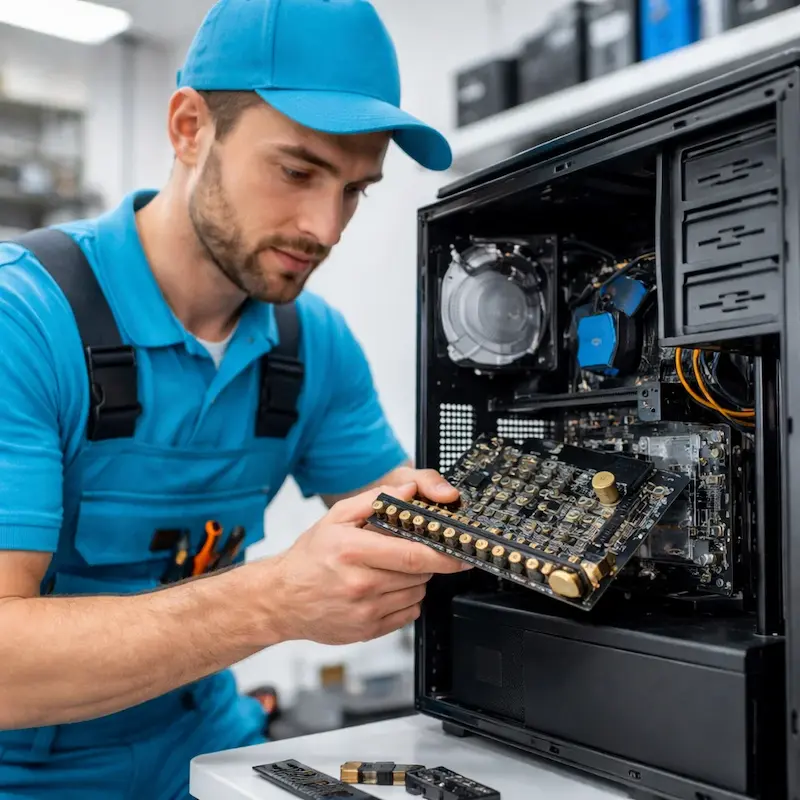 Мастер устанавливает звуковую карту на ПК в Артёме